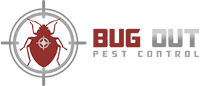Companies logo that has "Bug" in bold branded red color, "Out" in an ombre grey and underneath "Pest Control" in grey. On the left of the companies name is a bed bug shape in the branded red with a grey target on it.
