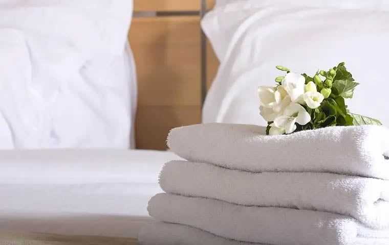 close up of a hotel bed with folded towels
